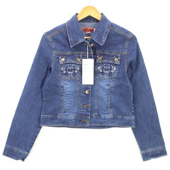 HIP JEANS Womens Denim Jacket Blue Button Down Embroidered Cotton Large L NWT - Picture 1 of 7